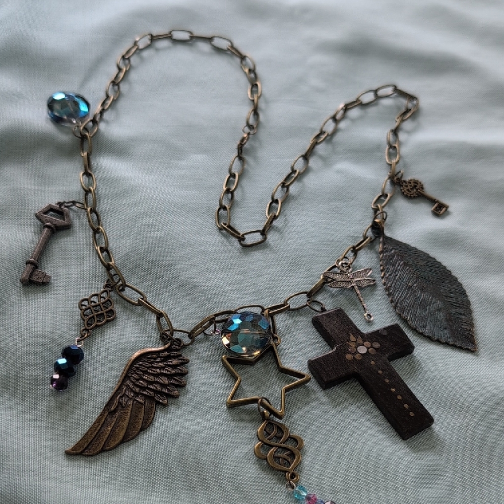 Brown Bohemian Charm Necklace with Cross and Wing